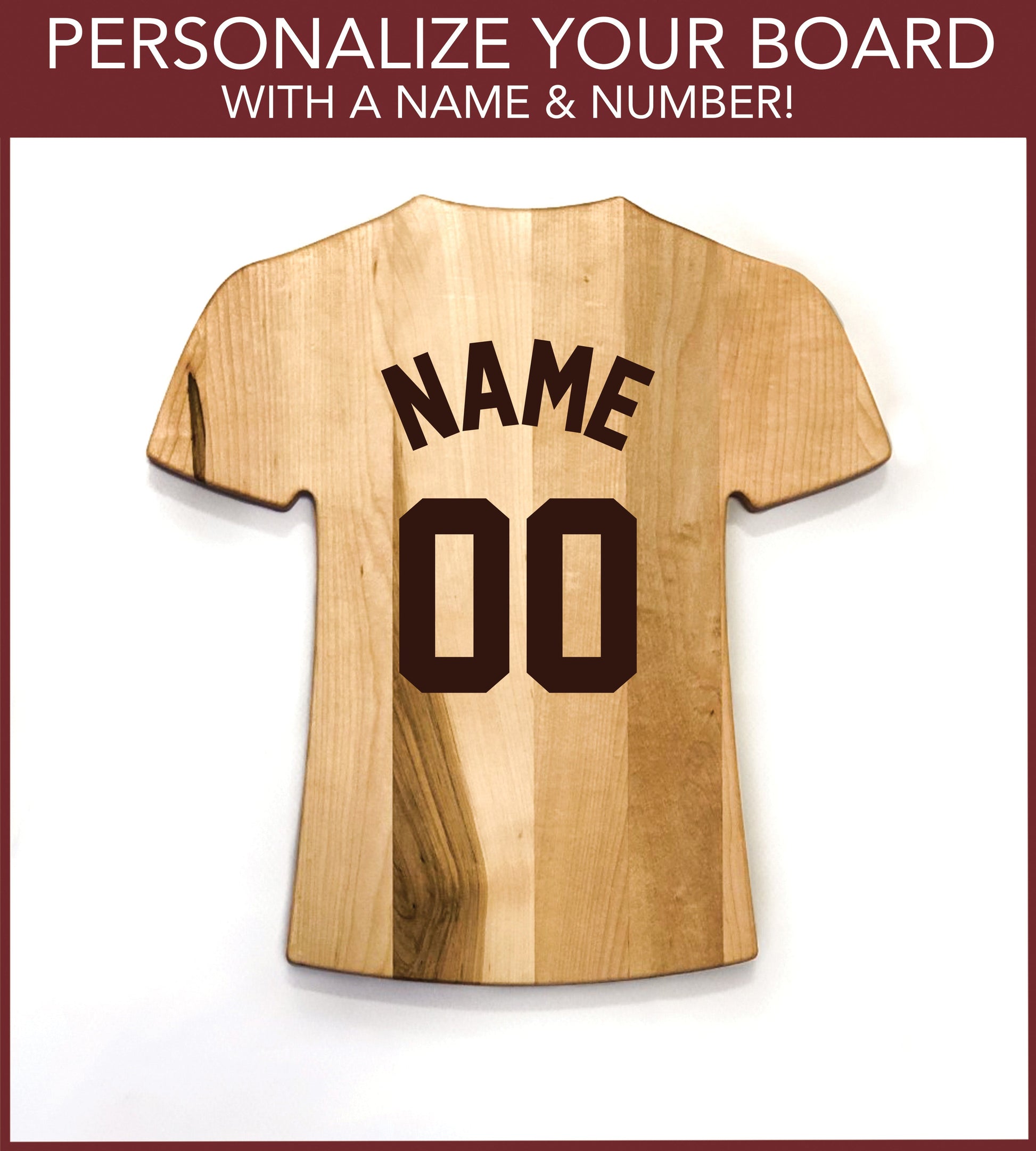 Wooden board shaped like a sports jersey with 'NAME' and '00' printed on it, against a white background.