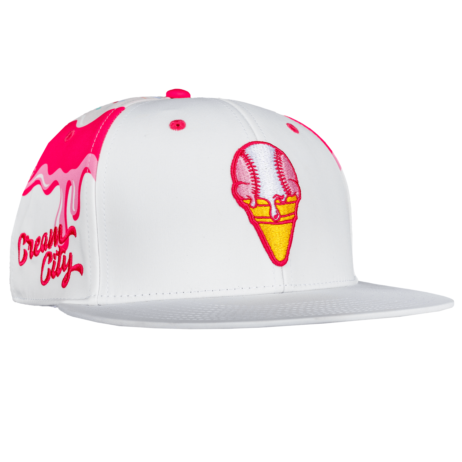 White cap with pink and yellow baseball ice cream cone design and 'Dream City' text on a white background