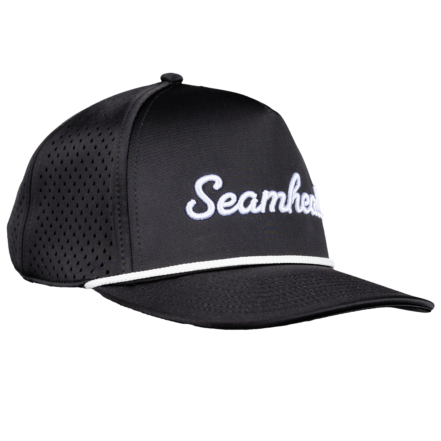 Black cap with white text on a white background