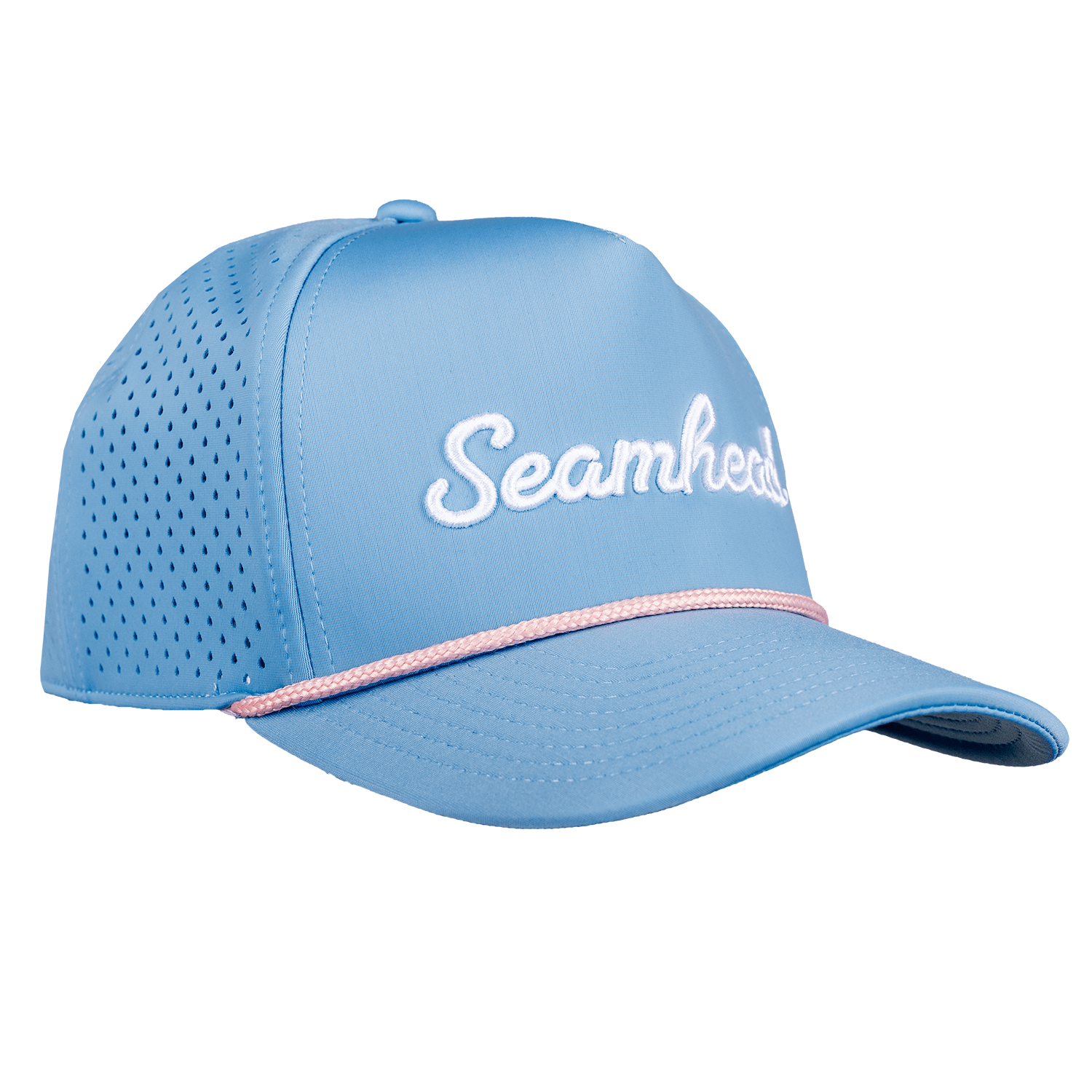 Light blue baseball cap with 'Seamheads' branding on a white background