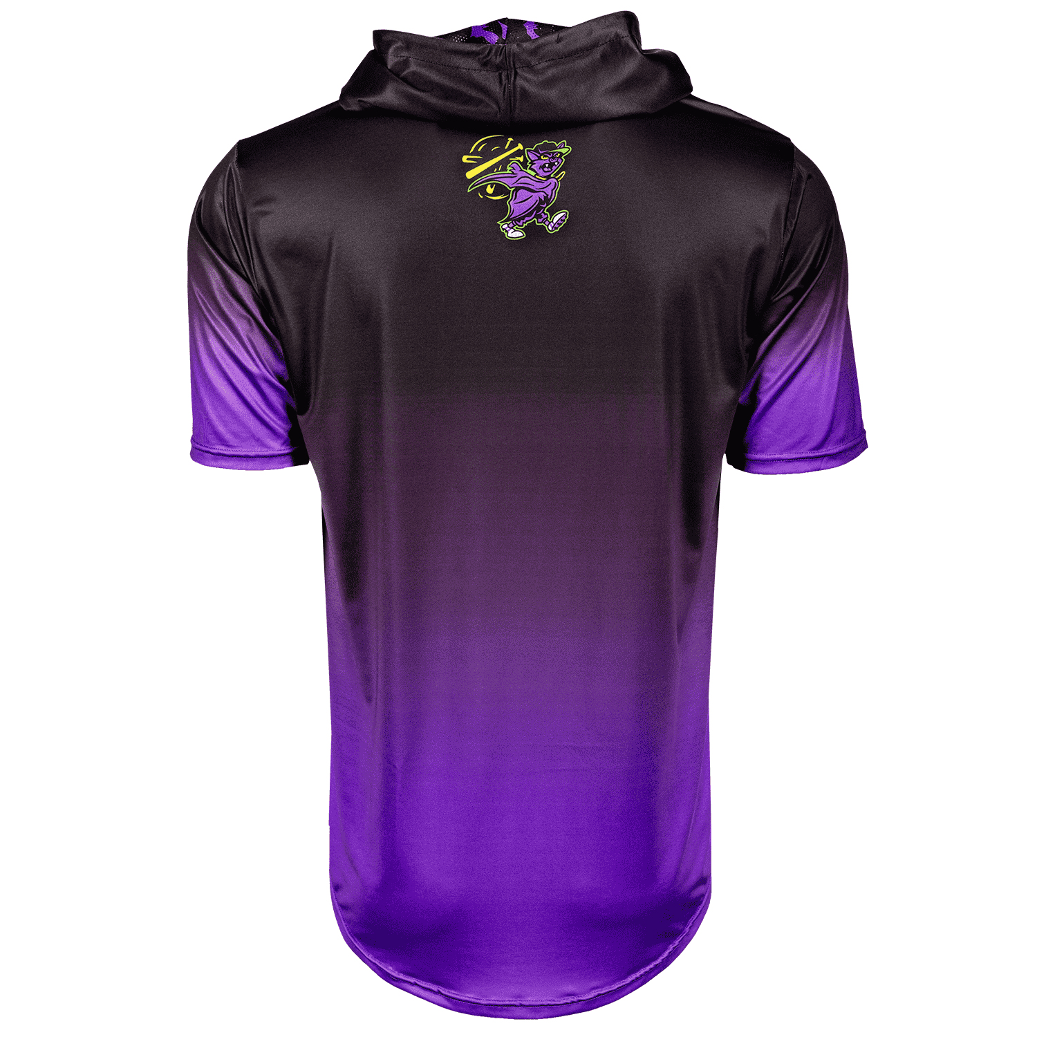 Collection of Black and purple gradient short sleeve baseball hoodie with a logo on the back against a white background in a gallery layout