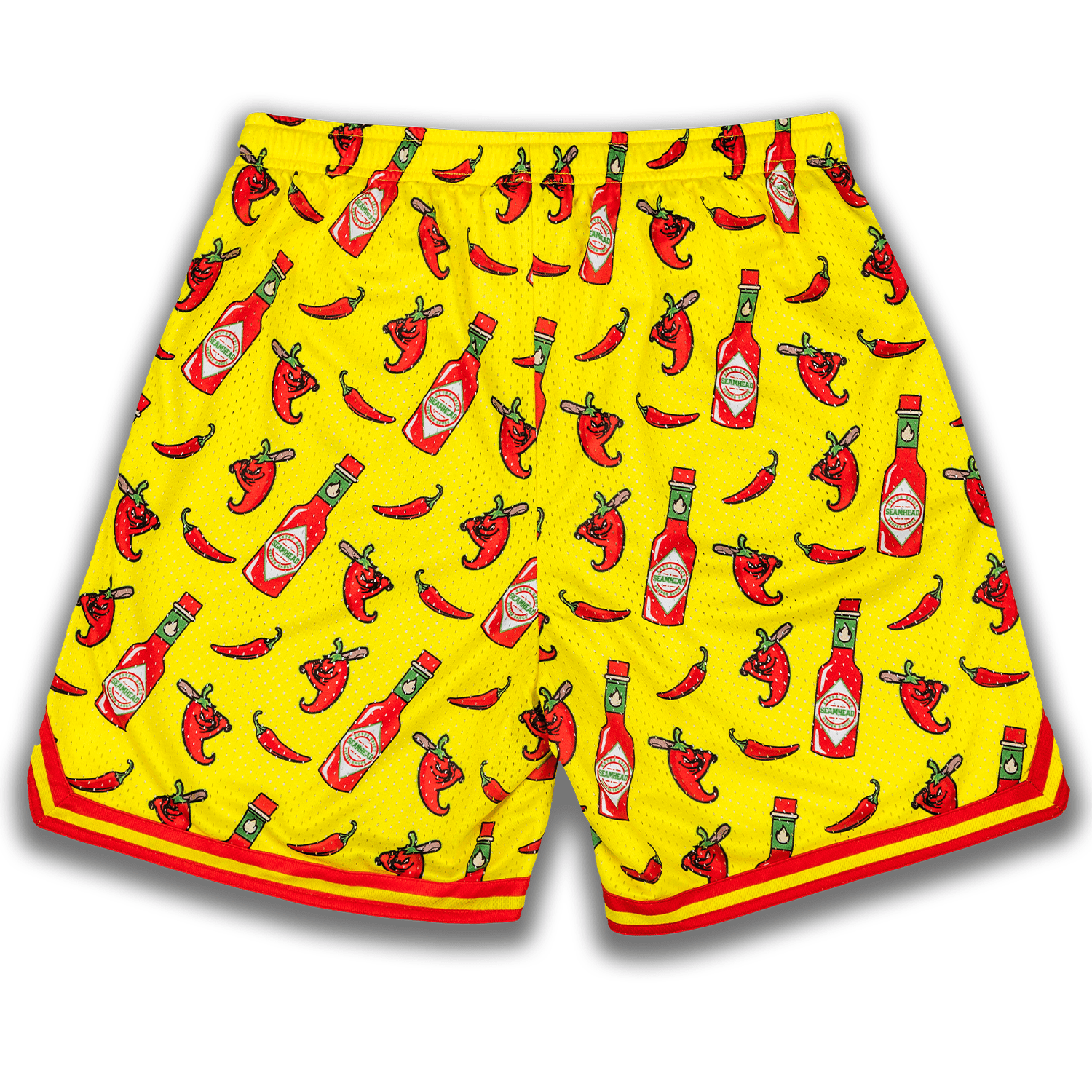 Collection of Yellow shorts with red hot sauce and chili pepper pattern on a athletic shorts.  in a gallery layout