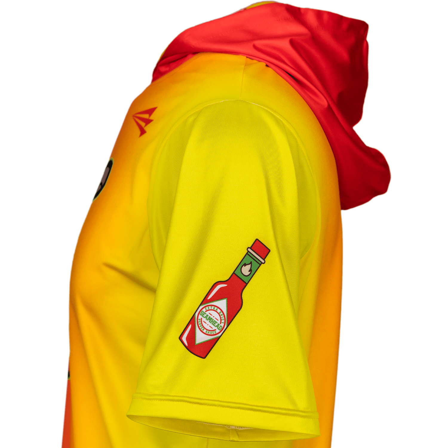 Collection of Yellow hoodie with red hood and a hot sauce bottle graphic on the sleeve against a white background in a gallery layout