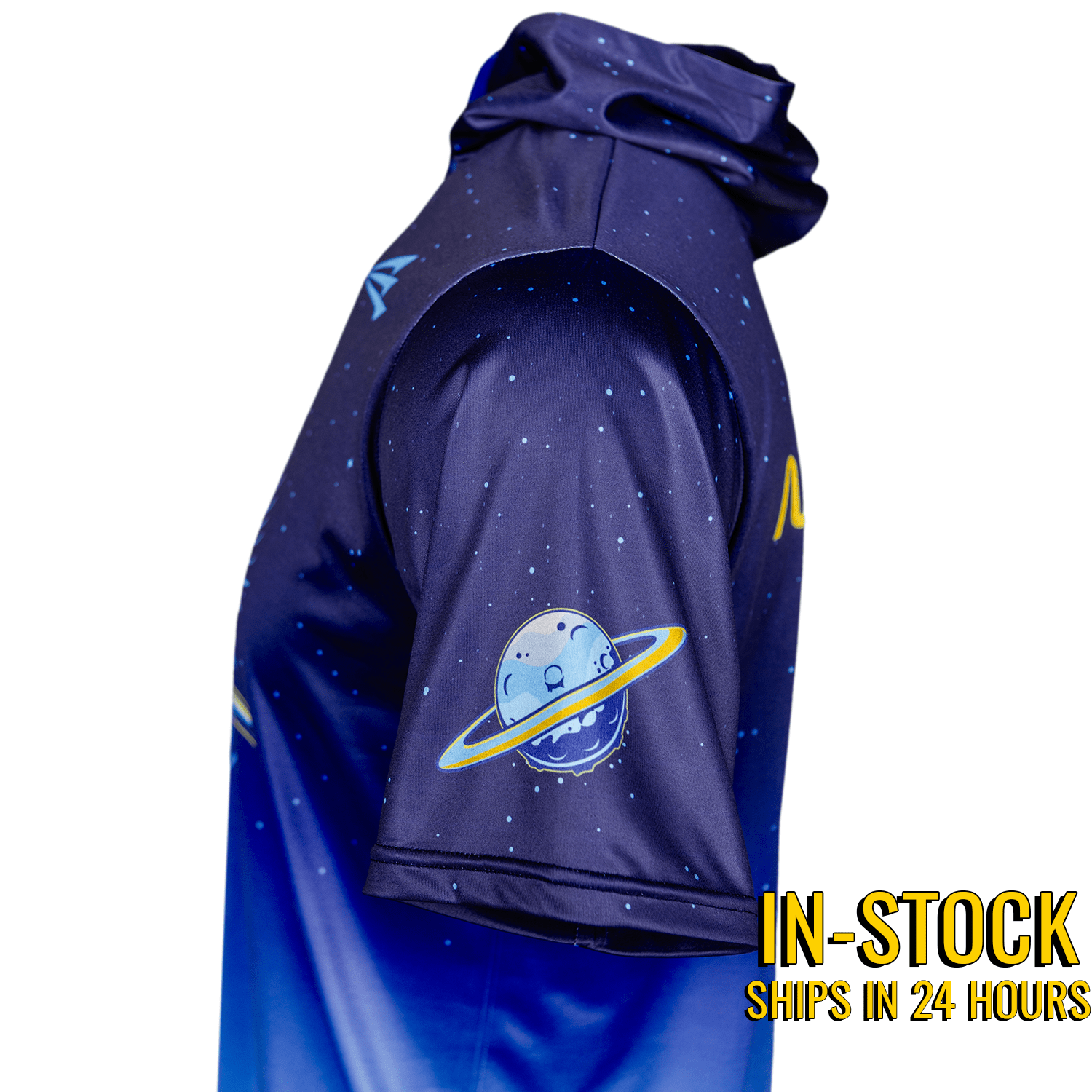 Collection of Blue short sleeve moonshots hoodie  with a cartoon character design on a white background in a gallery layout