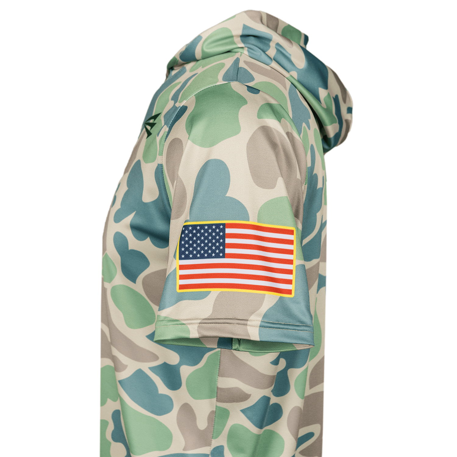 Collection of Camouflage baseball hoodie with an American flag patch on a white background in a gallery layout