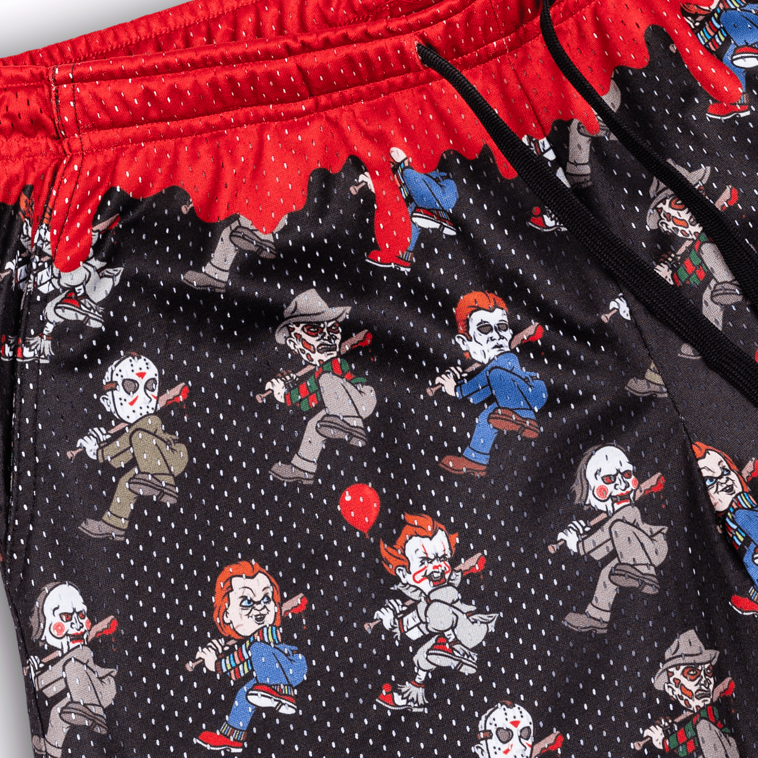 Collection of Black baseball shorts with Halloween-themed character pattern on a white background in a gallery layout