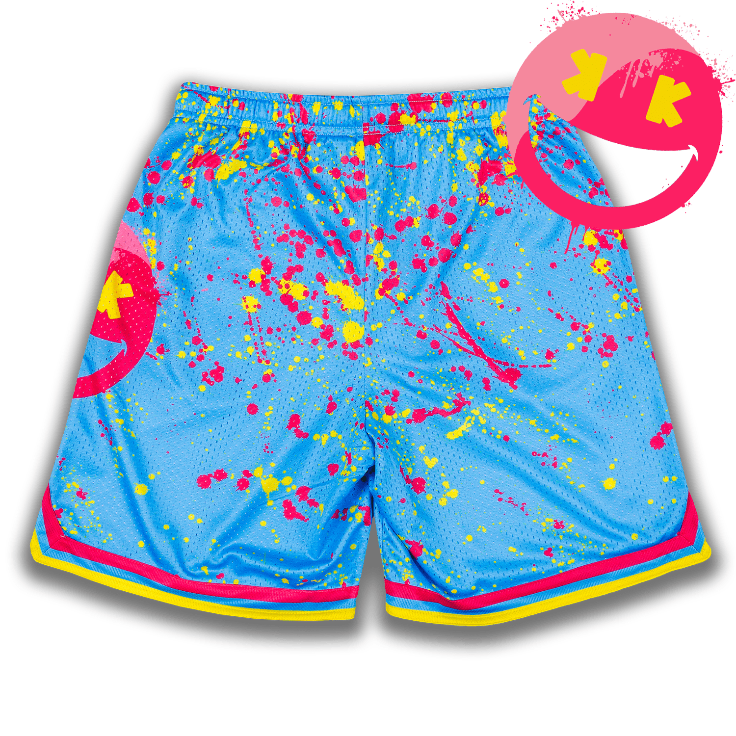 Collection of Colorful splatter-patterned baseball shorts with a pink circle and yellow text on a white background in a gallery layout