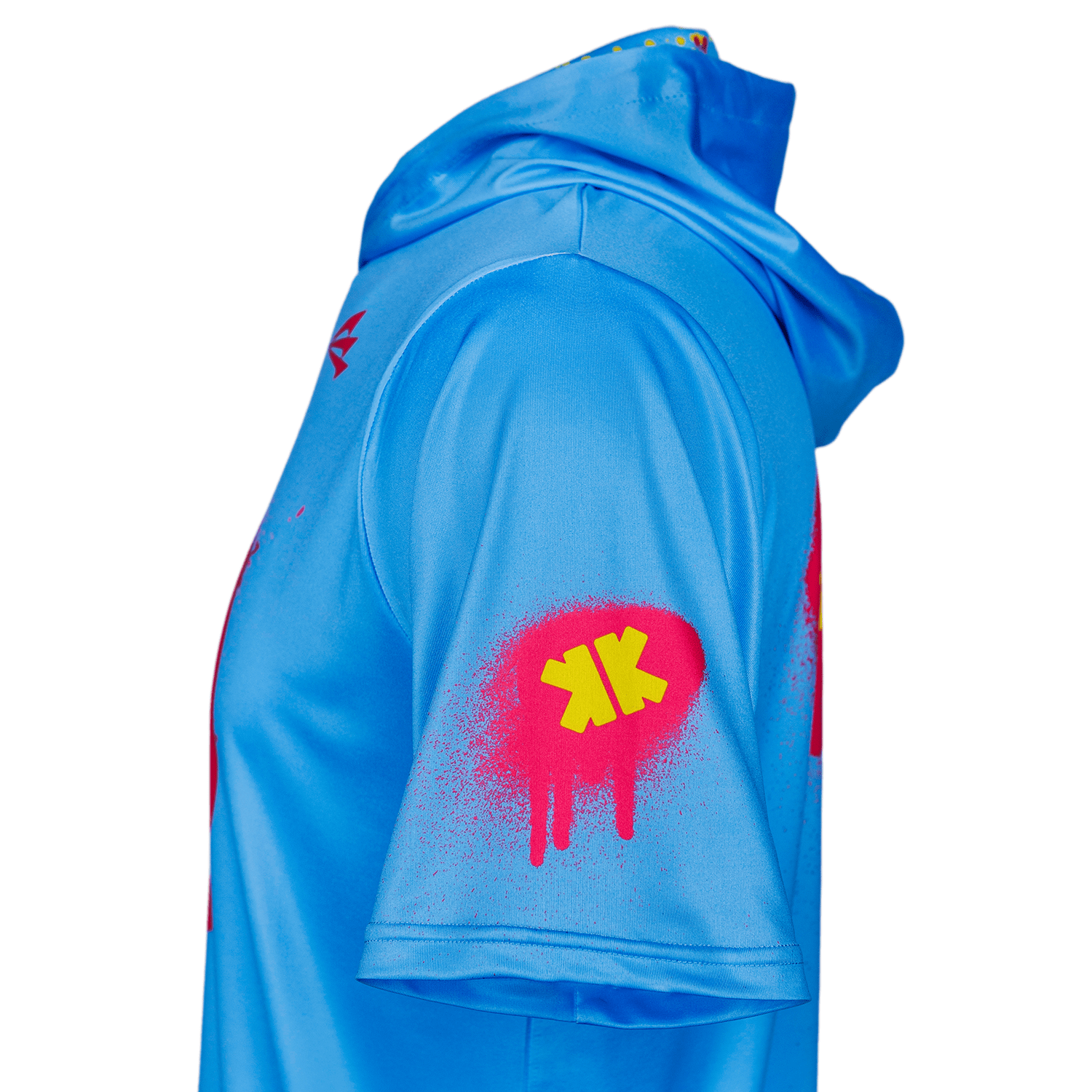 Collection of Blue short sleeve baseball hoodie with a colorful logo on the sleeve against a white background in a gallery layout