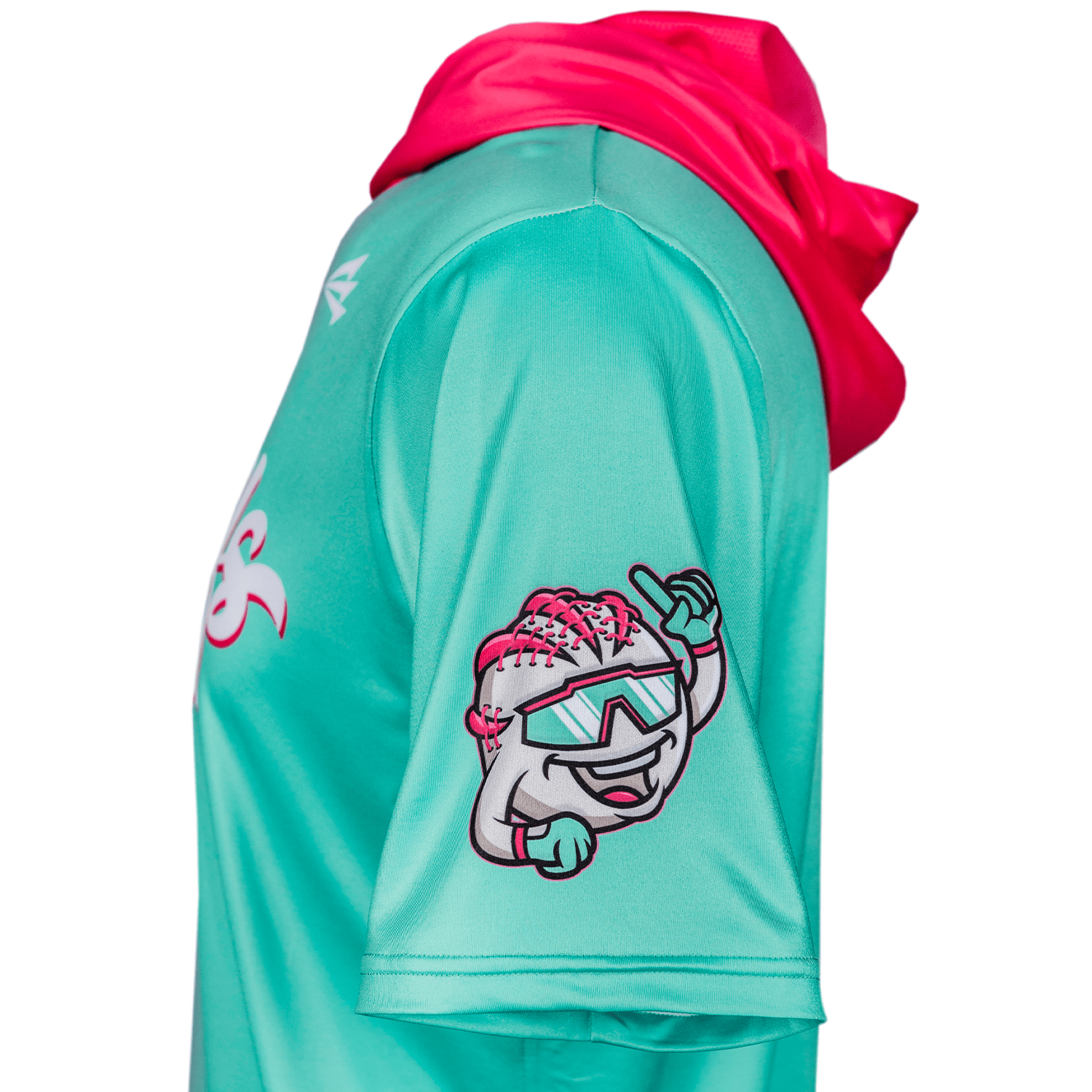 Collection of Teal baseball hoodie with pink hood and cartoon character on a white background in a gallery layout