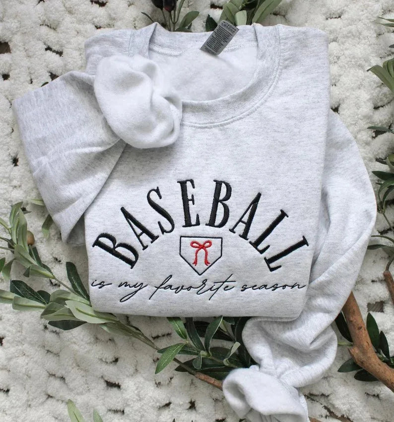 Collection of Gray sweatshirt with 'Baseball is my favorite season' embroidered sweatshirt in a gallery layout