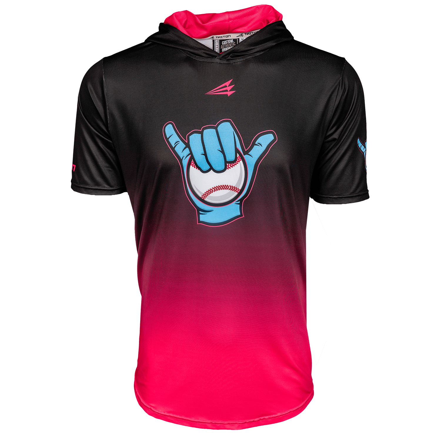 Collection of Black and red short sleeve baseball hoodie with blue hand sign and baseball graphic on a white background in a gallery layout