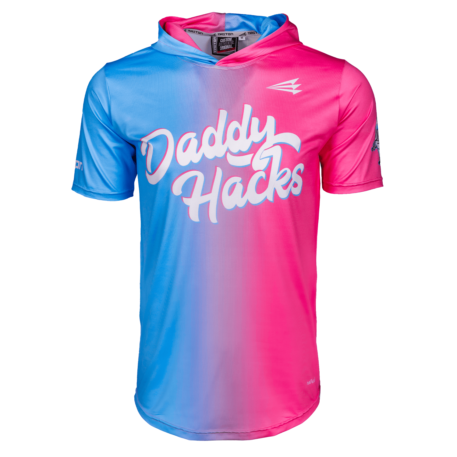 Collection of Gradient blue to pink short sleeve hoodie with 'Daddy Hacks' text on a white background in a gallery layout