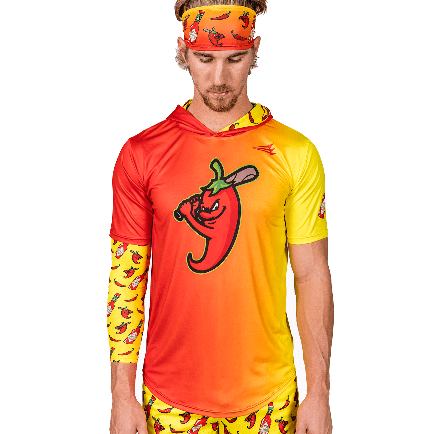 Collection of Person wearing a colorful outfit with chili pepper short sleeve baseball hoodie design on a white background in a gallery layout