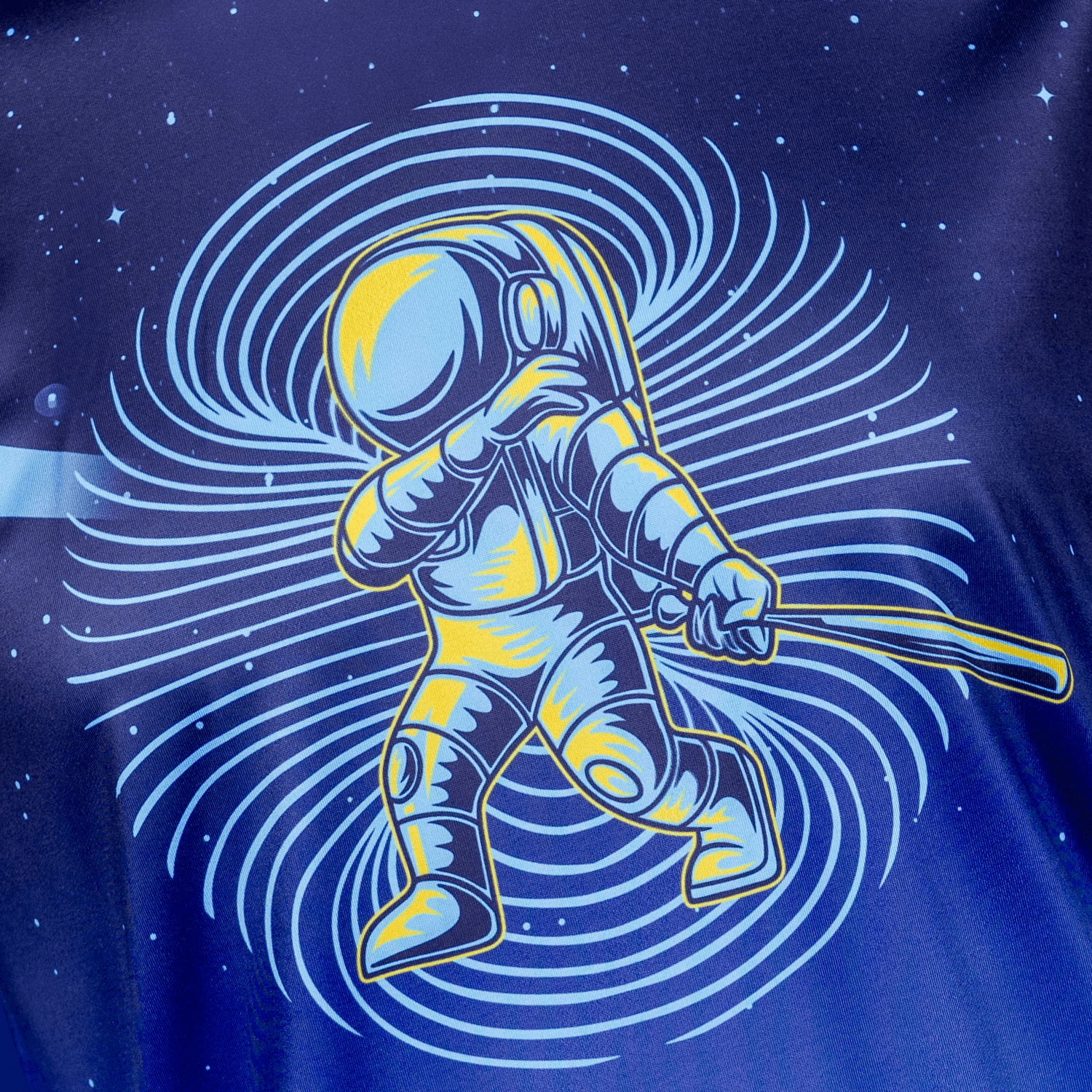Collection of Illustration of an astronaut holding a baseball bat on a blue background with star patterns in a gallery layout
