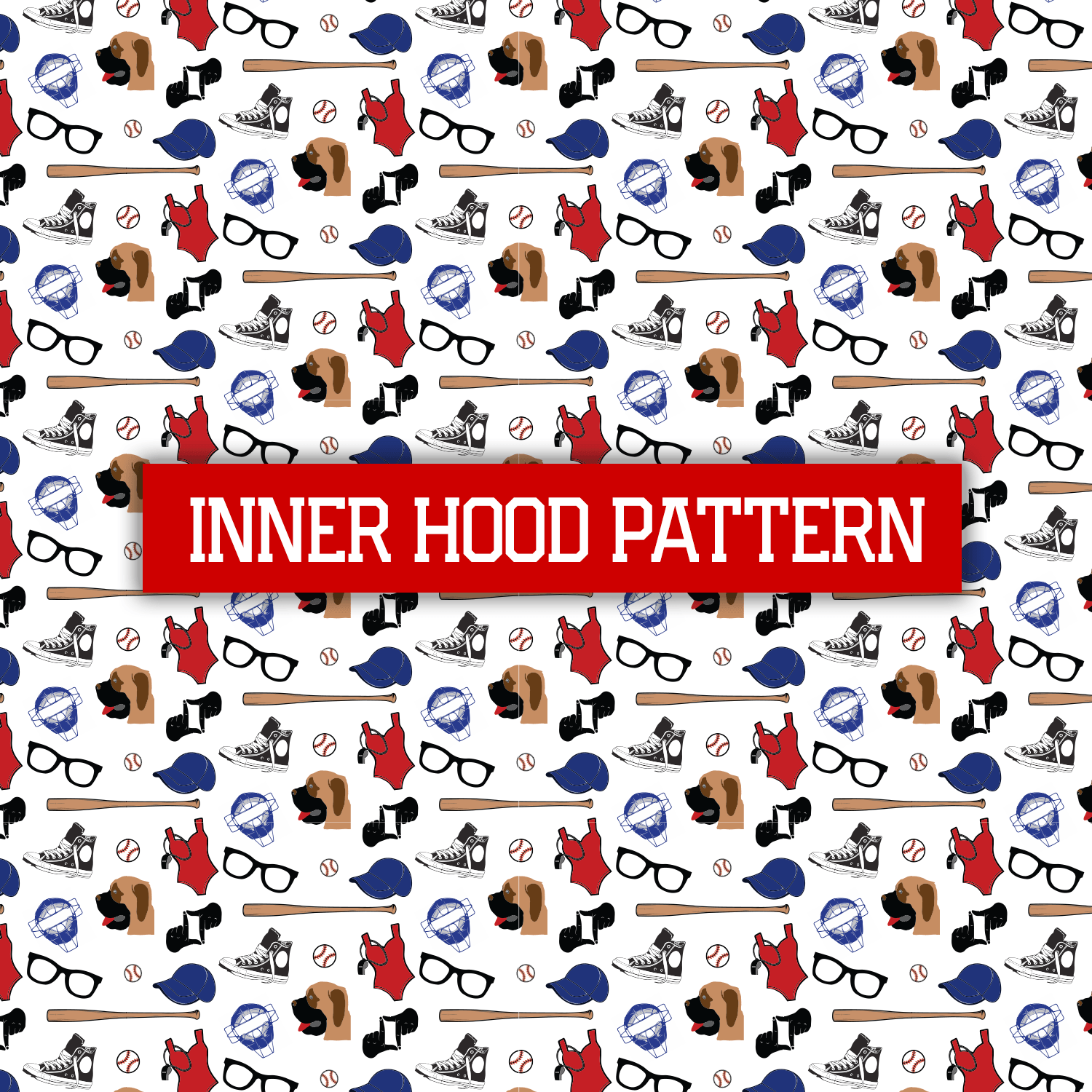 Collection of Patterned design with various items like hats, glasses, and bats on a white background with 'Inner Hood Pattern' text. in a gallery layout