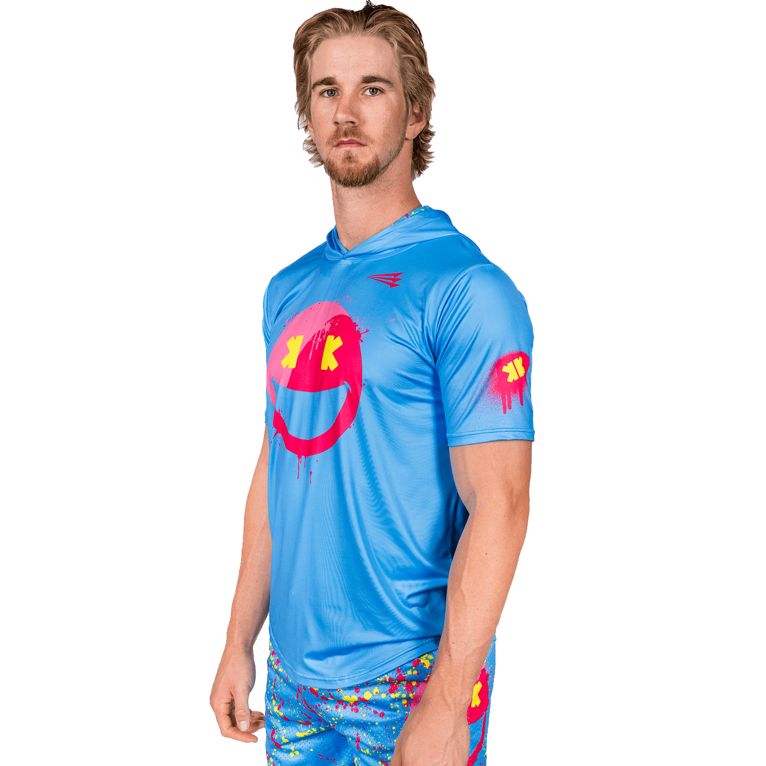 Collection of Man wearing a blue smiley k short sleeve baseball hoodie in a gallery layout