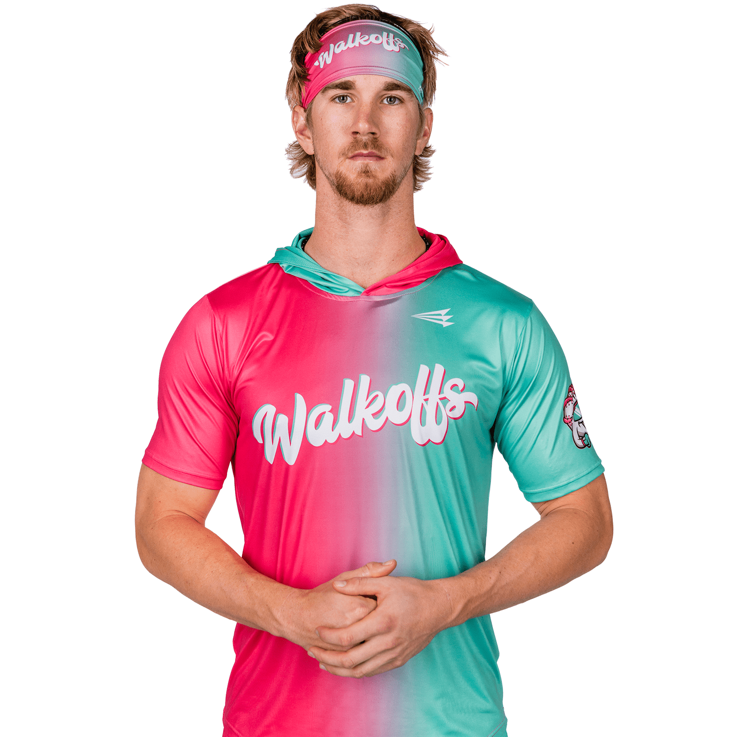 Collection of Man wearing a colorful 'Walkoffs' short sleeve hoodie and matching walkoffs headband on a white background in a gallery layout