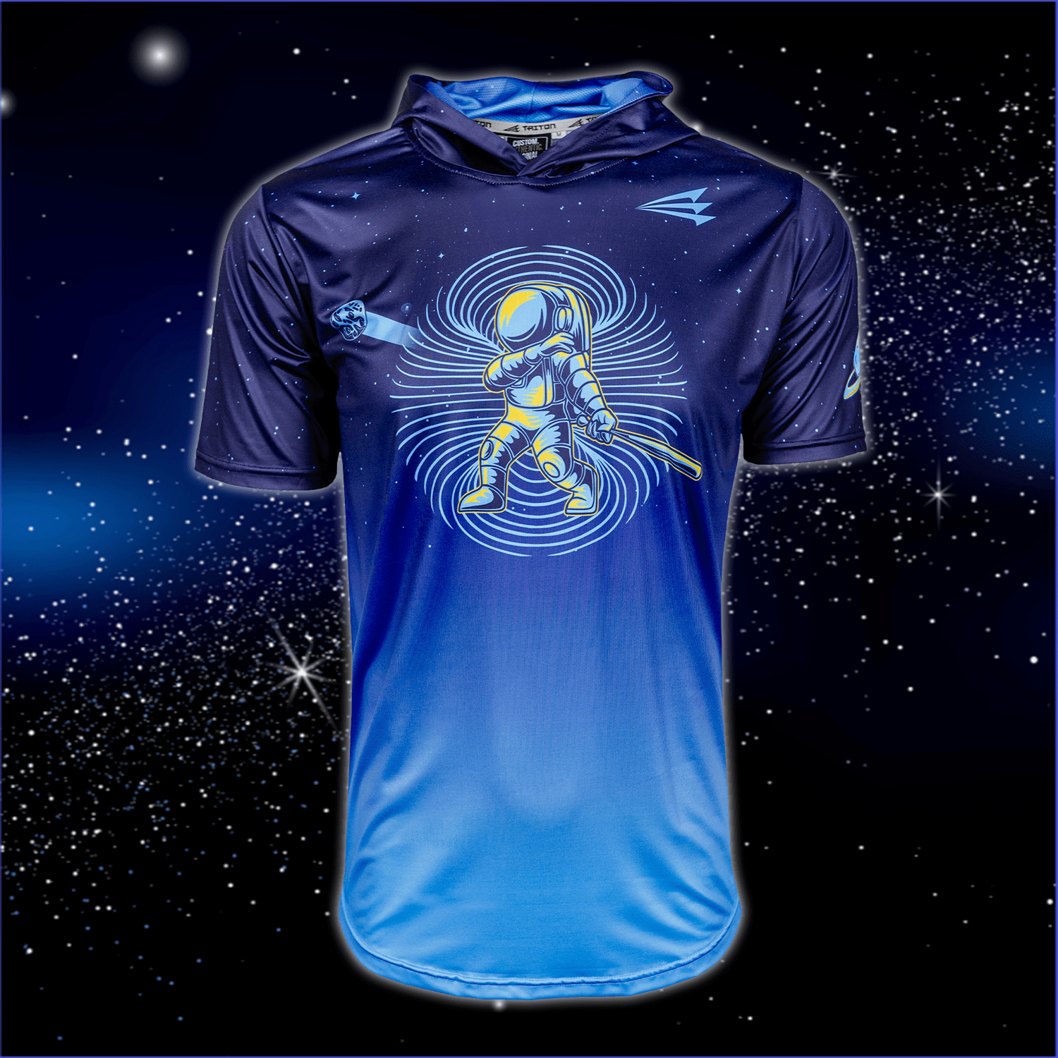 Collection of Blue short sleeve hoodie with astronaut graphic on a starry space background in a gallery layout
