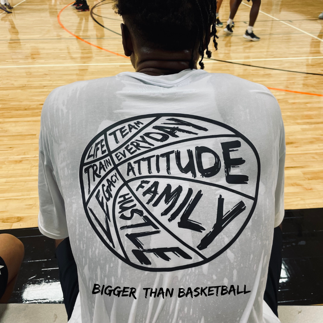 Collection of Person wearing a white t-shirt with motivational phrases on the back in a basketball court setting. in a gallery layout
