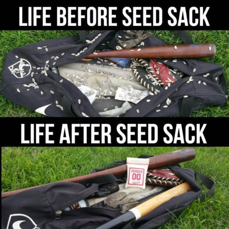 Collection of Comparison of a seed sack before and after use with text 'Life Before Seed Sack' and 'Life After Seed Sack'. in a gallery layout