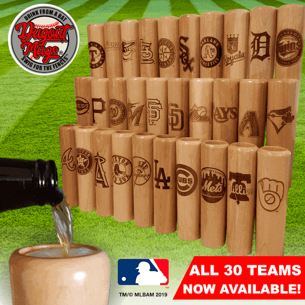 Collection of Wooden mugs with MLB team logos on a grass background, with a bottle pouring liquid into one mug. in a gallery layout