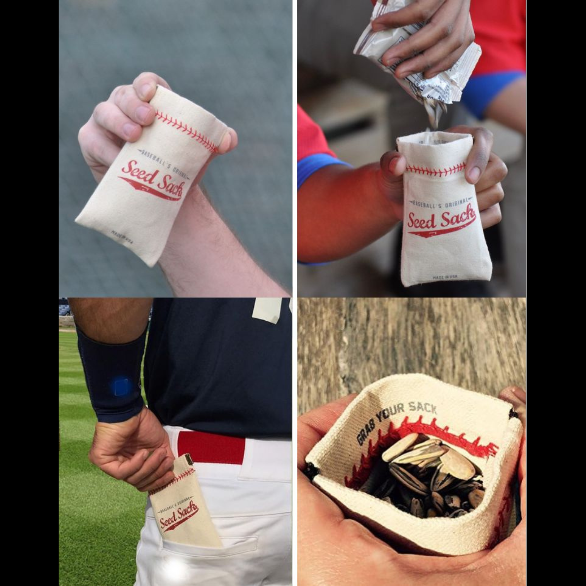 Collection of Collage of images showing a 'Seed Sack' product being held and used. in a gallery layout