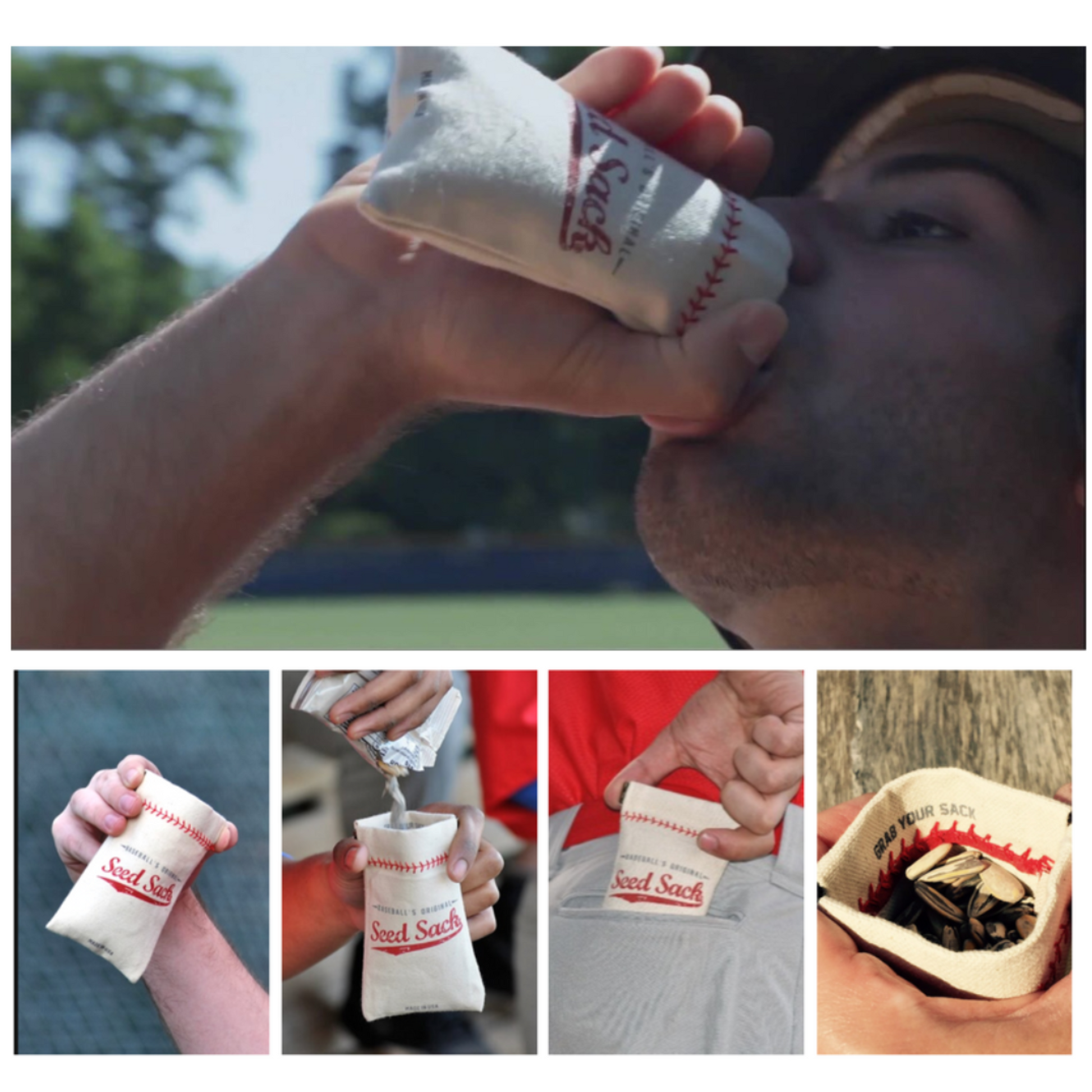Collage of images showing a person using a 'Seed Sac' product.