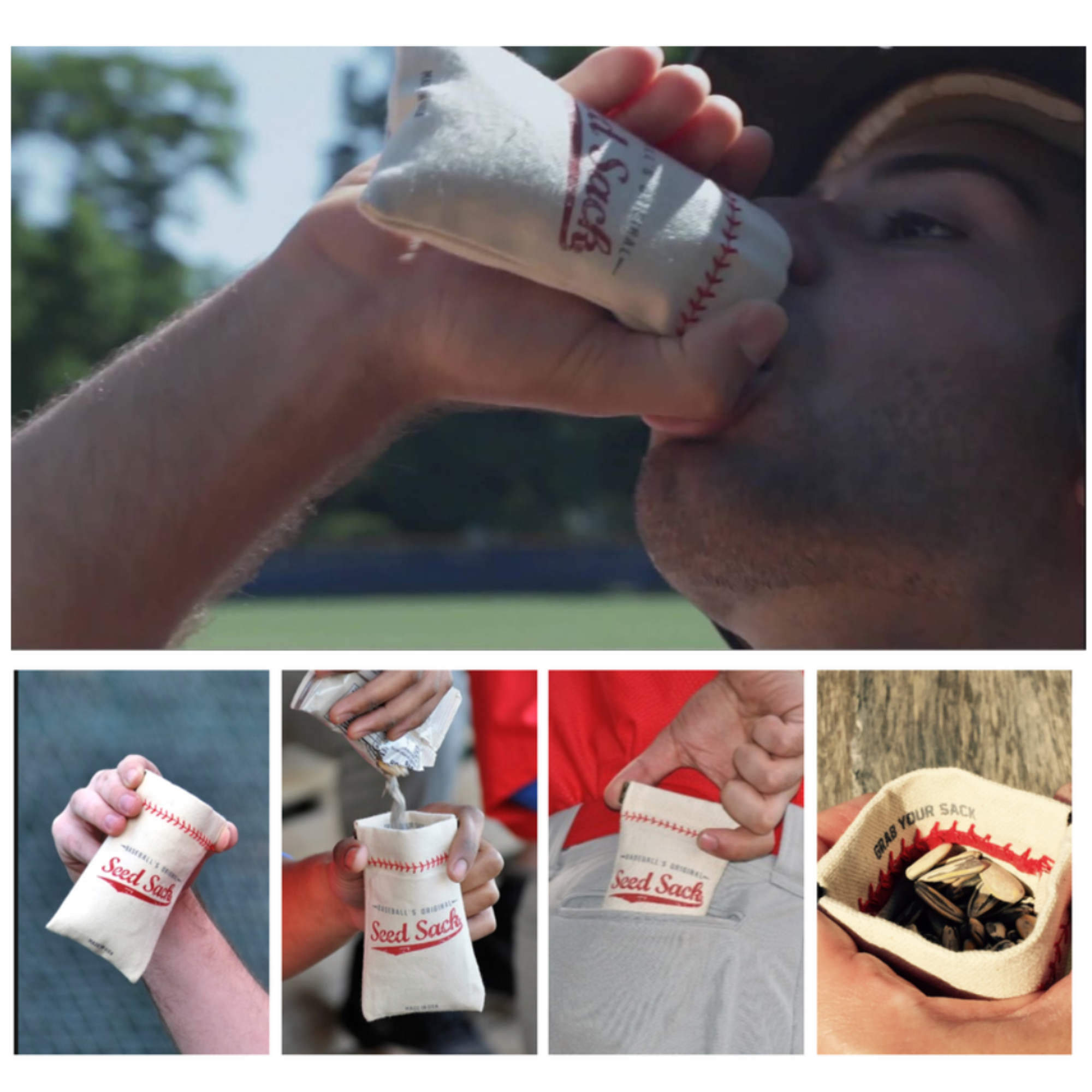 Collection of Collage of images showing a person using a 'Seed Sac' product. in a gallery layout