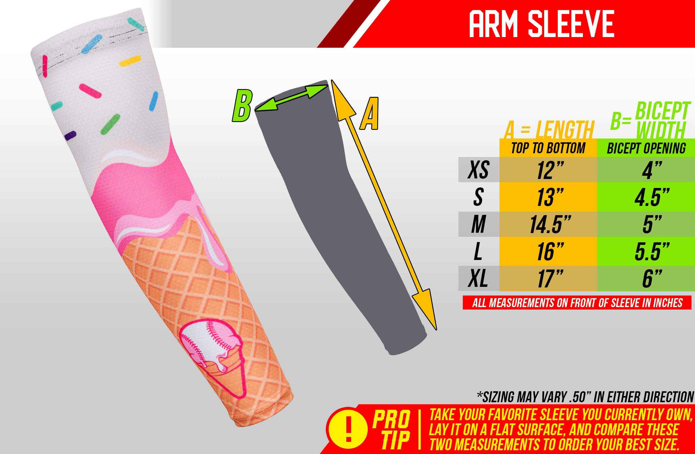 Collection of Ice cream-themed arm sleeve with size chart on a gray background in a gallery layout
