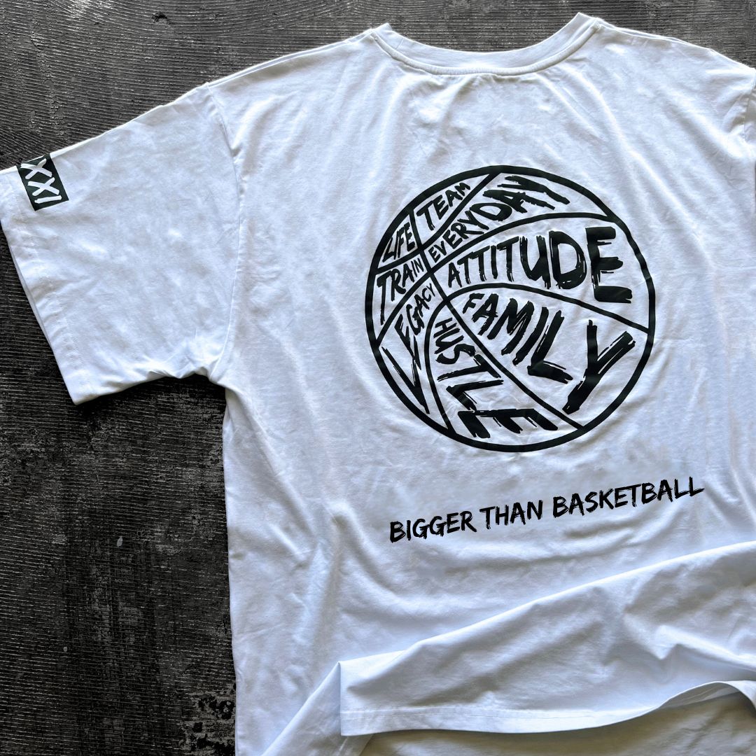 Collection of White t-shirt with black circular design and text on a textured surface in a gallery layout