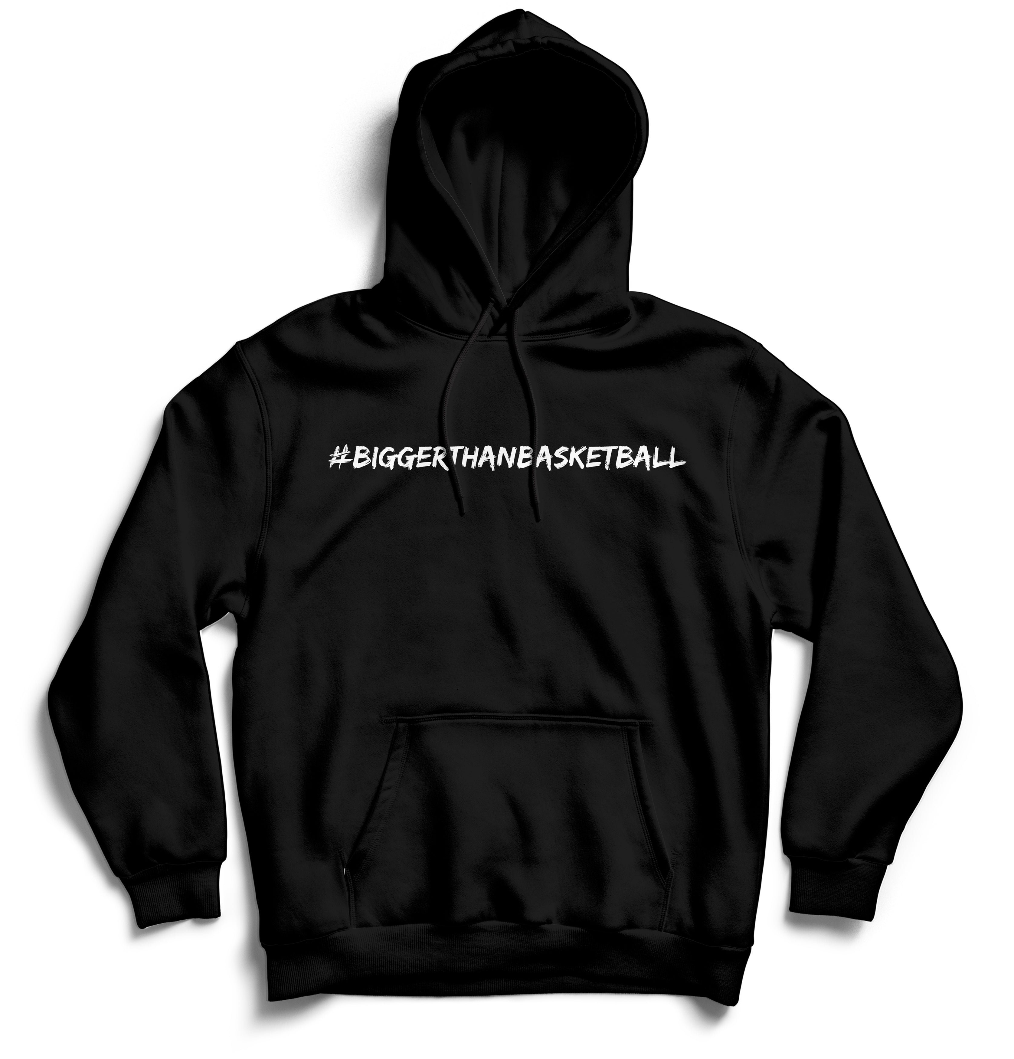 Collection of Black hoodie with '#BIGGERTHANEBASKETBALL' text on a white background in a gallery layout