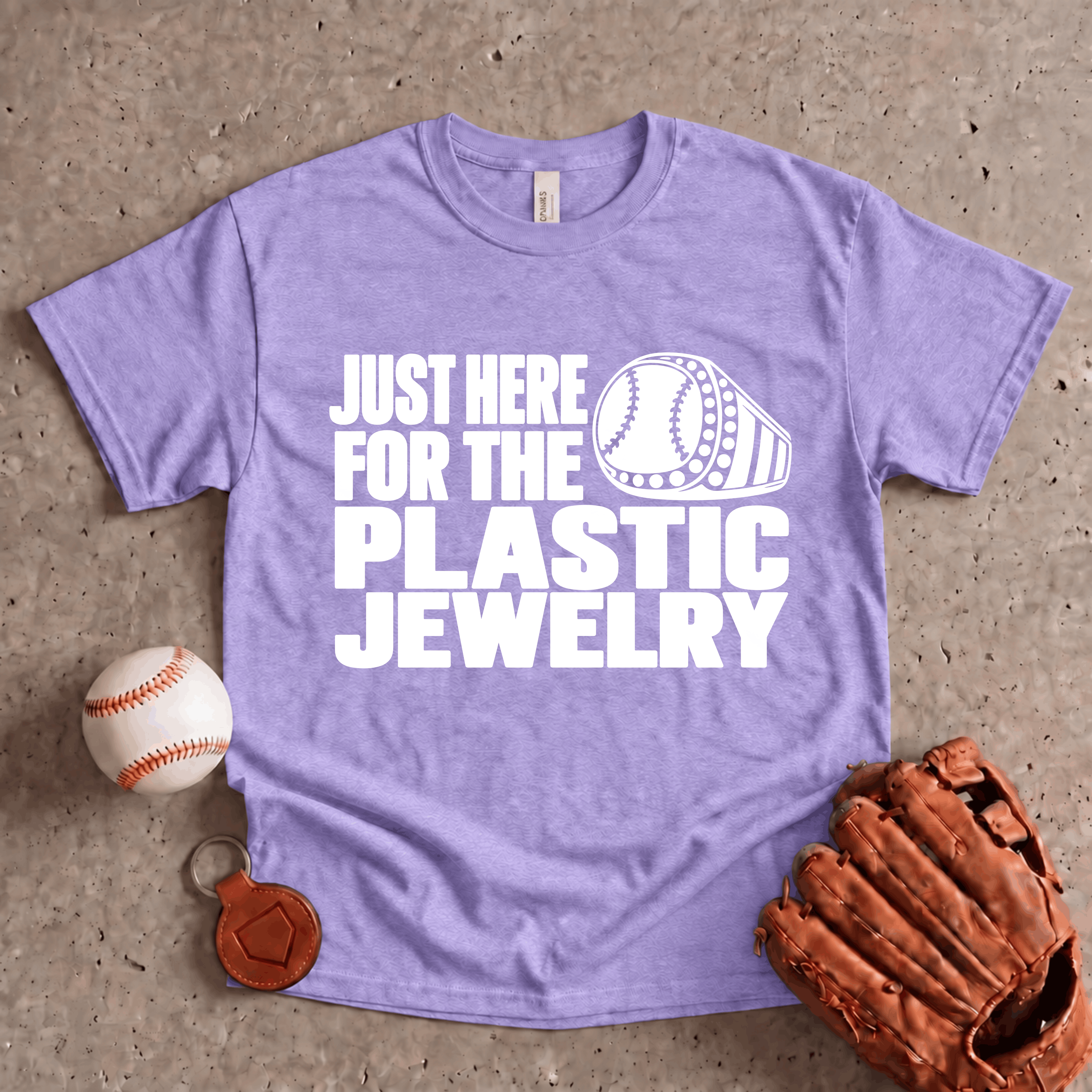 Collection of Just Here for the Plastic Jewelry baseball tournament ring T-shirt in Heather Dark Lavender in a gallery layout