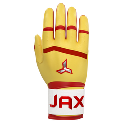 Collection of Yellow and red glove with 'JAX' branding on a white background in a gallery layout