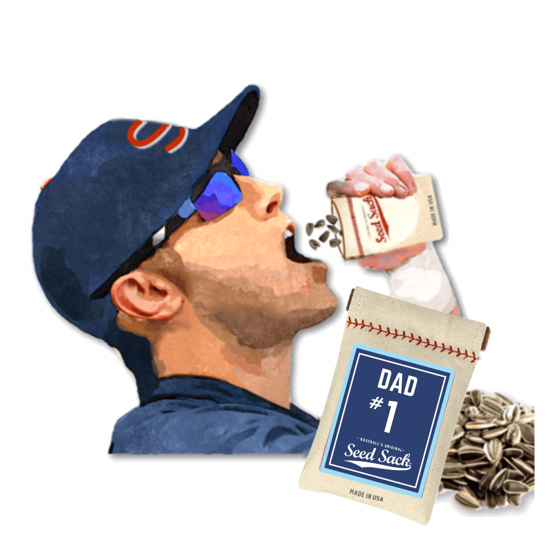 Man wearing a baseball cap and sunglasses, holding a 'Dad #1 Seed Sack' with seeds.