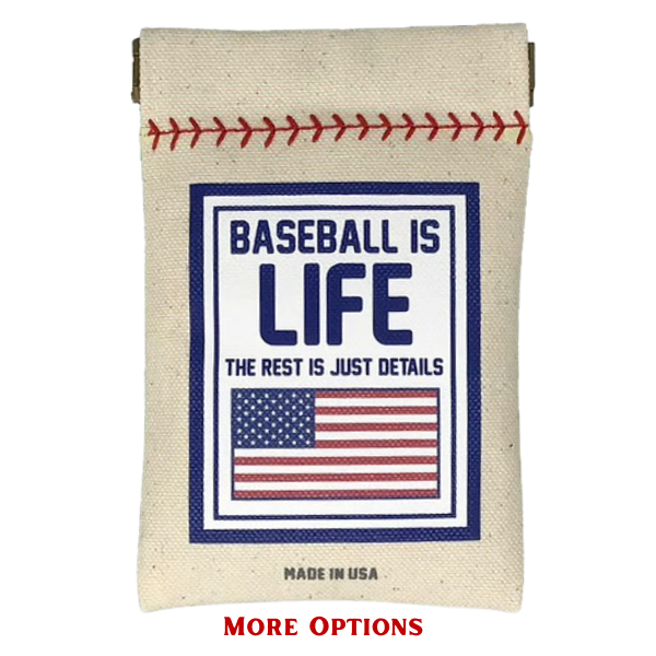 Canvas pouch with 'Baseball is Life' text and American flag on a white background