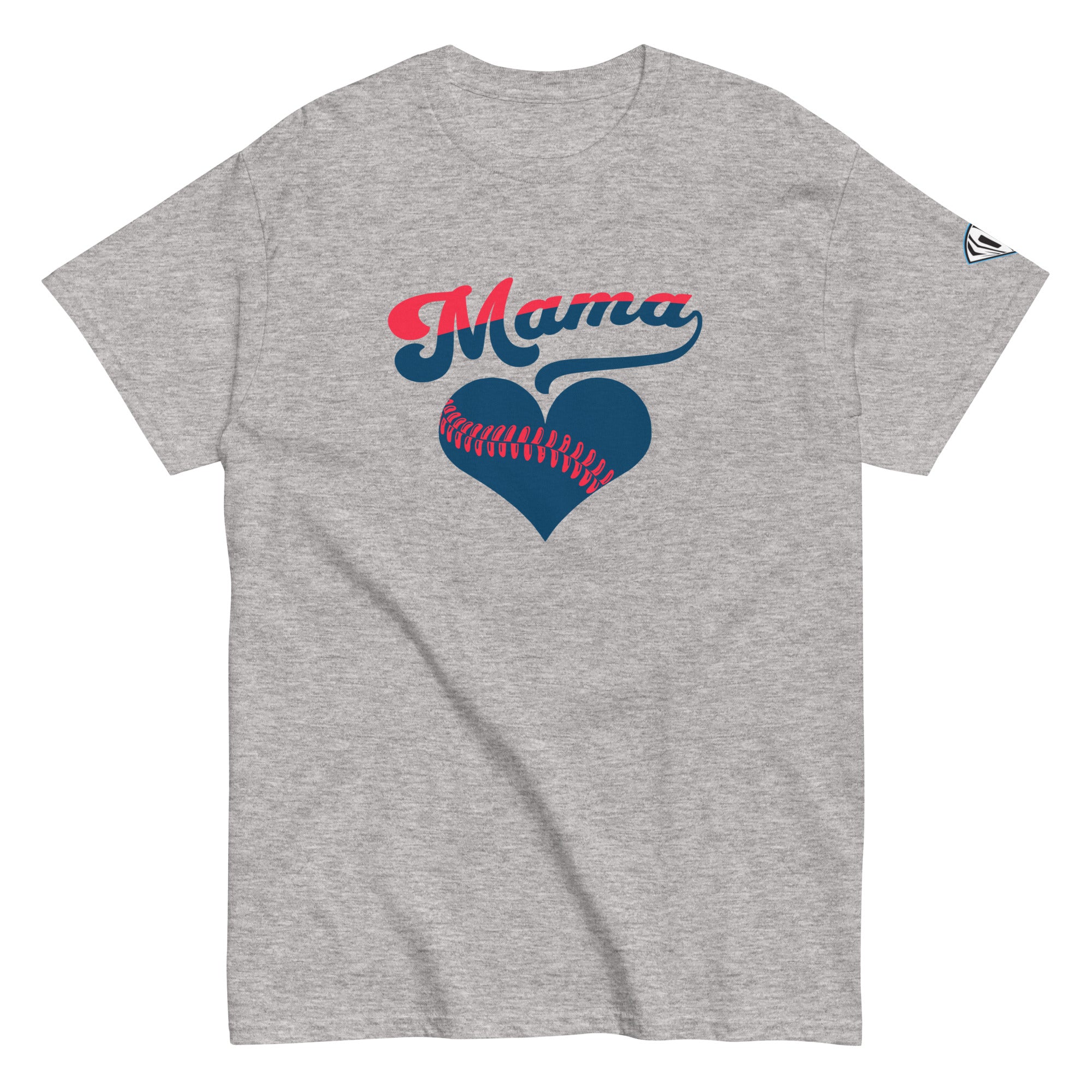Collection of Baseball mama shirt with bold script 'Mama' text and heart-shaped baseball seam design in navy and pink in a gallery layout