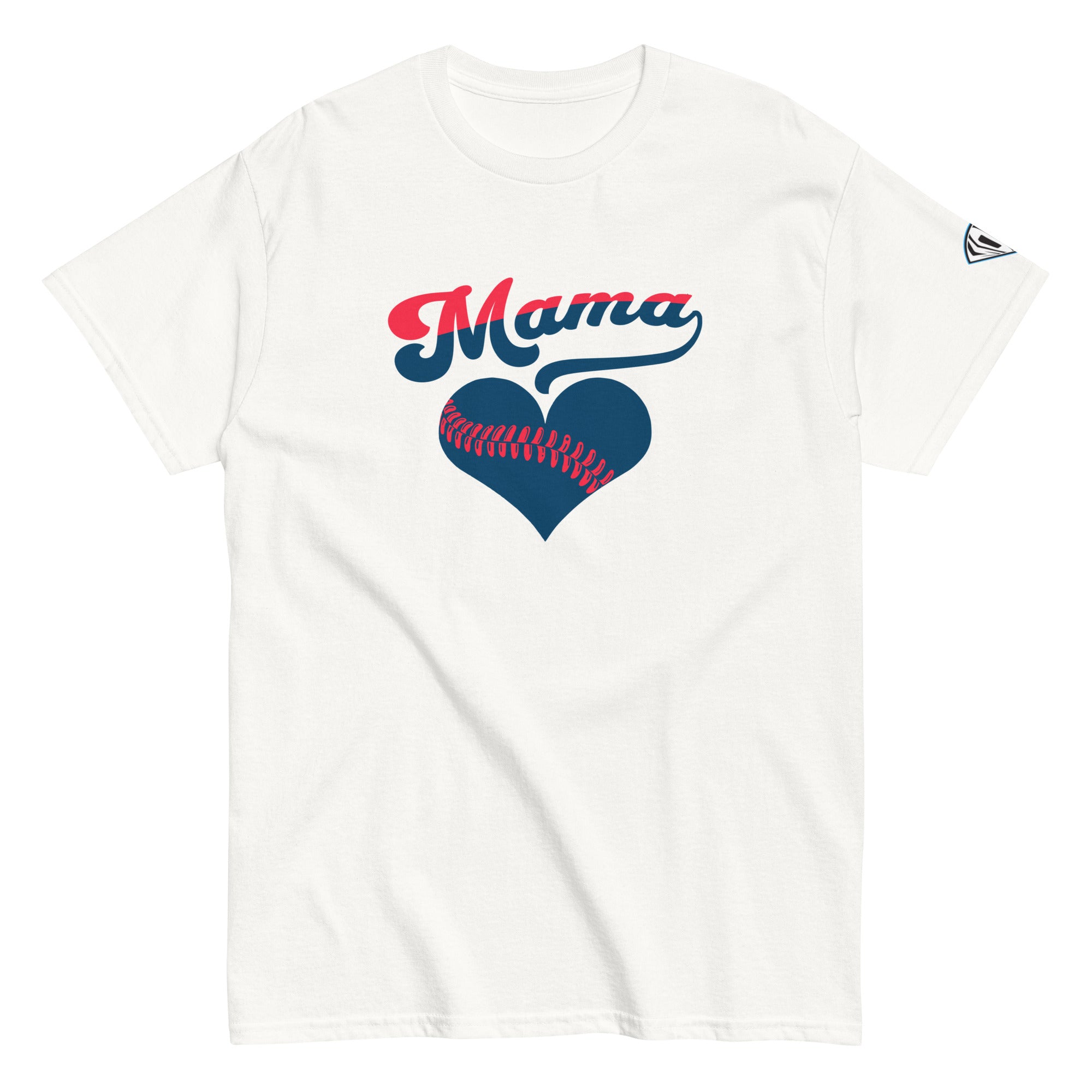 Collection of White Baseball mama shirt with bold script 'Mama' text and heart-shaped baseball seam design in navy and pink" in a gallery layout