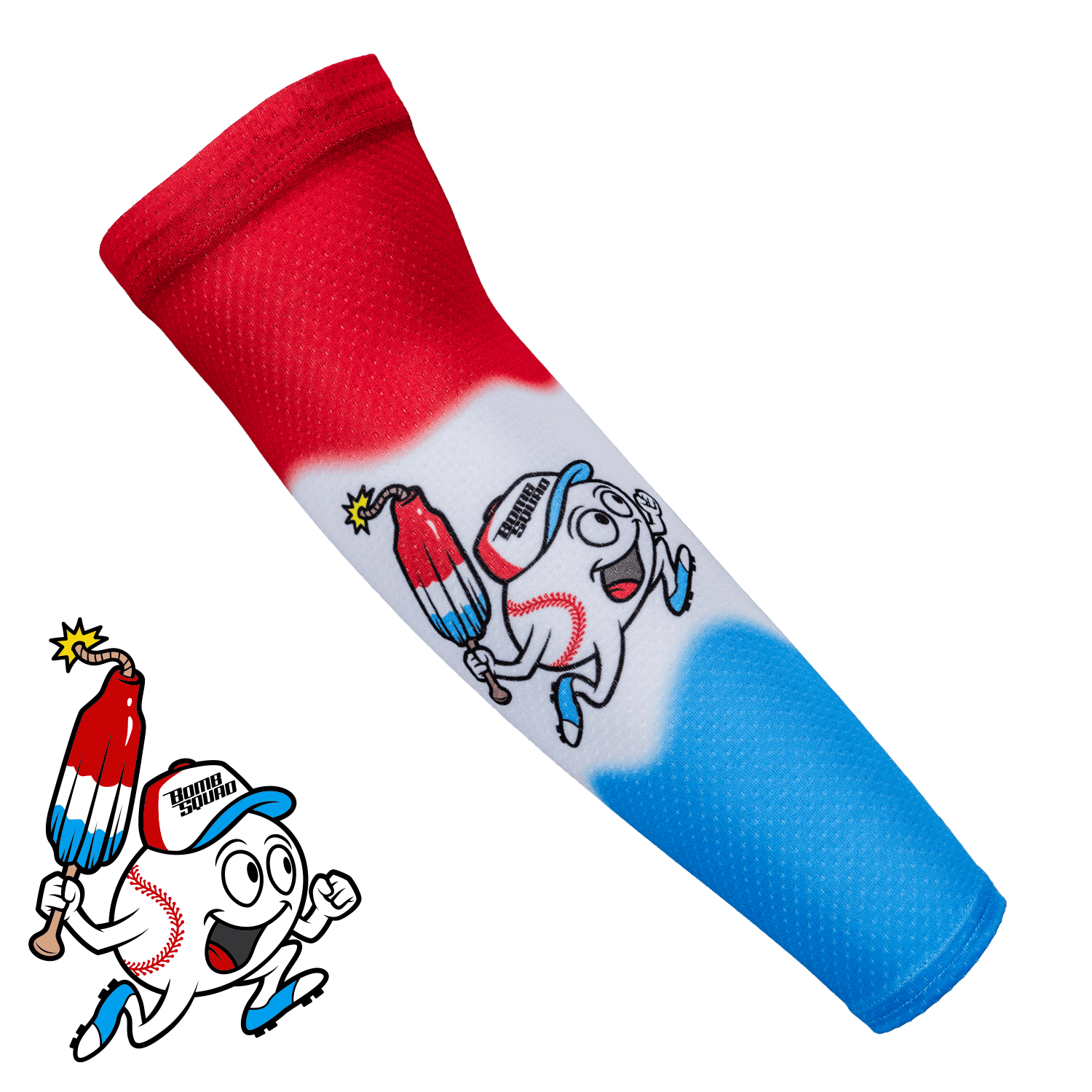 Red, white, and blue cylindrical object with cartoon character and bomb design on a white background