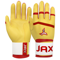 Collection of Yellow gloves with red accents and 'JAX' branding on a white background in a gallery layout