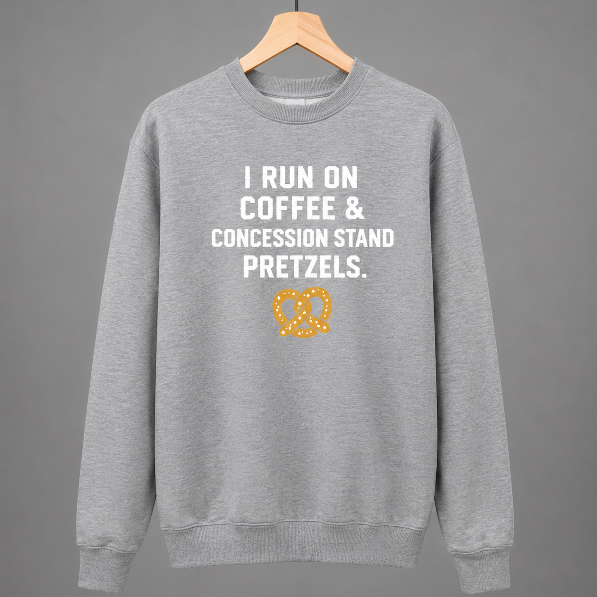 I Run on Coffee & Concession Stand Pretzels Crewneck – Baseball Mom Sweatshirt