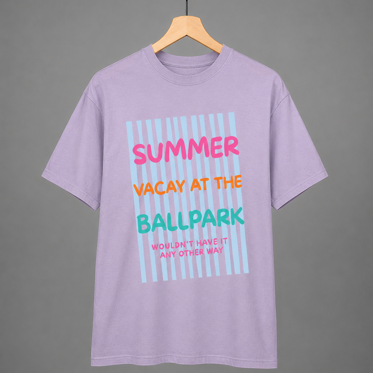 Collection of Purple t-shirt with colorful text on a hanger against a gray background in a gallery layout