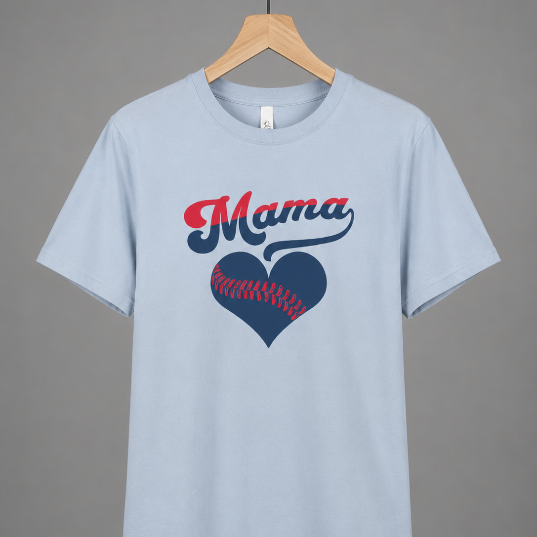 Collection of Light blue t-shirt with 'Mama' and heart design on a hanger against a gray background in a gallery layout