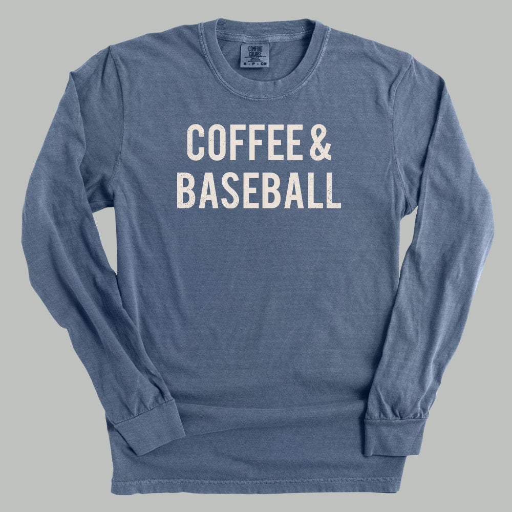 Blue long-sleeve shirt with 'COFFEE & BASEBALL' text on a gray background