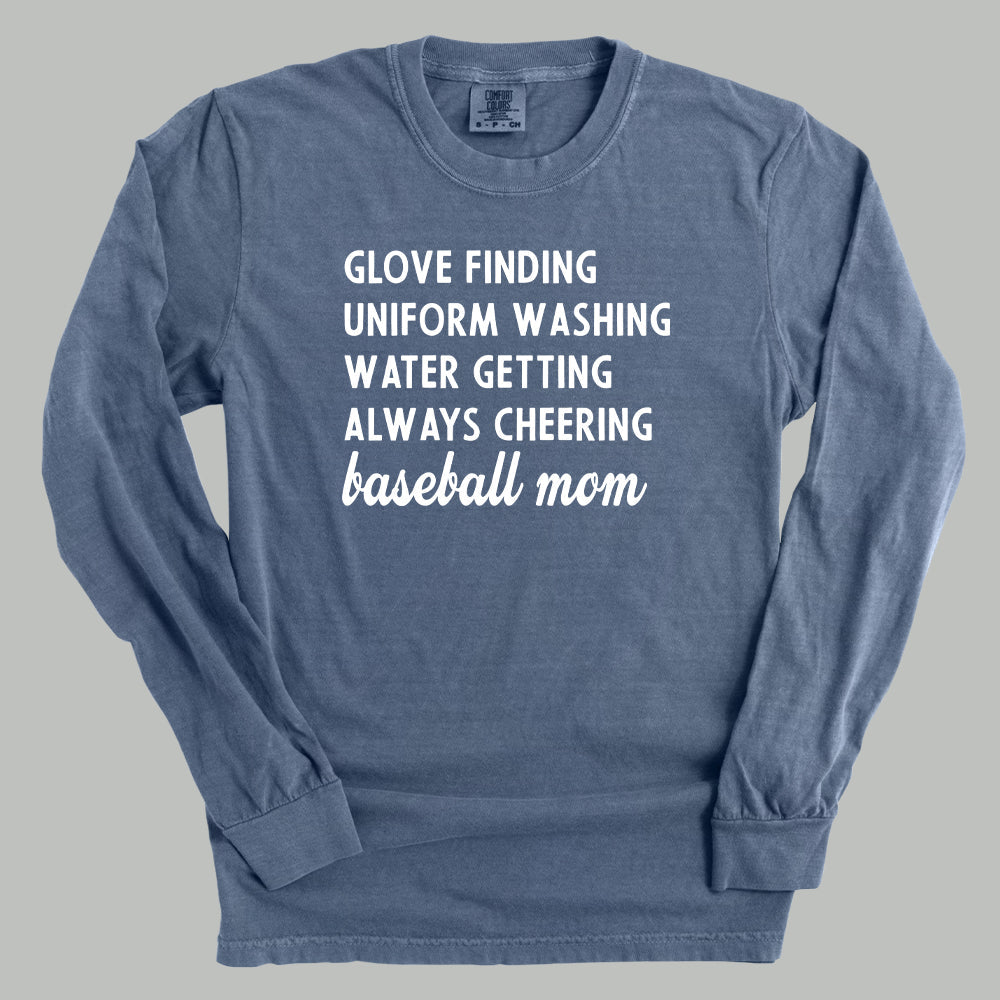 Collection of Blue comfort color long-sleeve shirt with white text on a gray background in a gallery layout