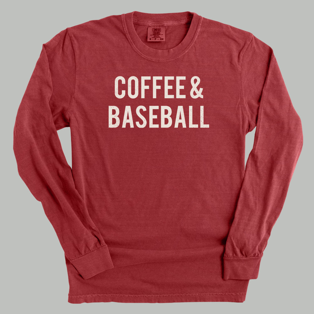 Collection of Red long-sleeve shirt with 'COFFEE & BASEBALL' text on a gray background in a gallery layout