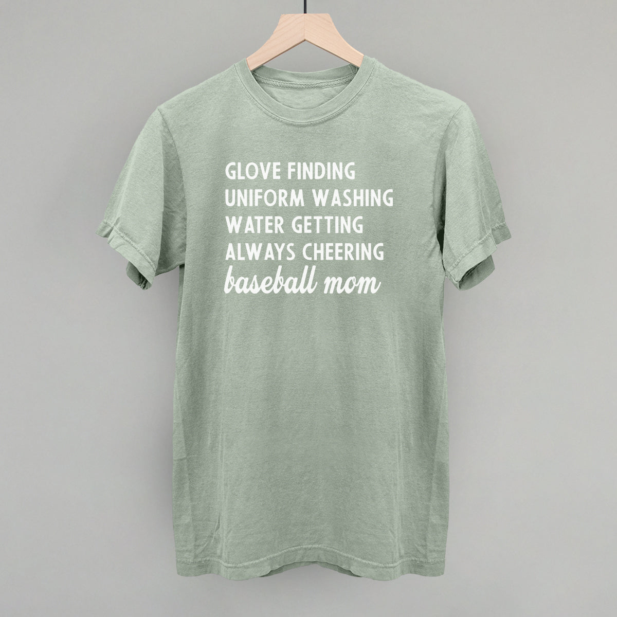 Collection of Green comfort color t-shirt with white text on a gray background in a gallery layout