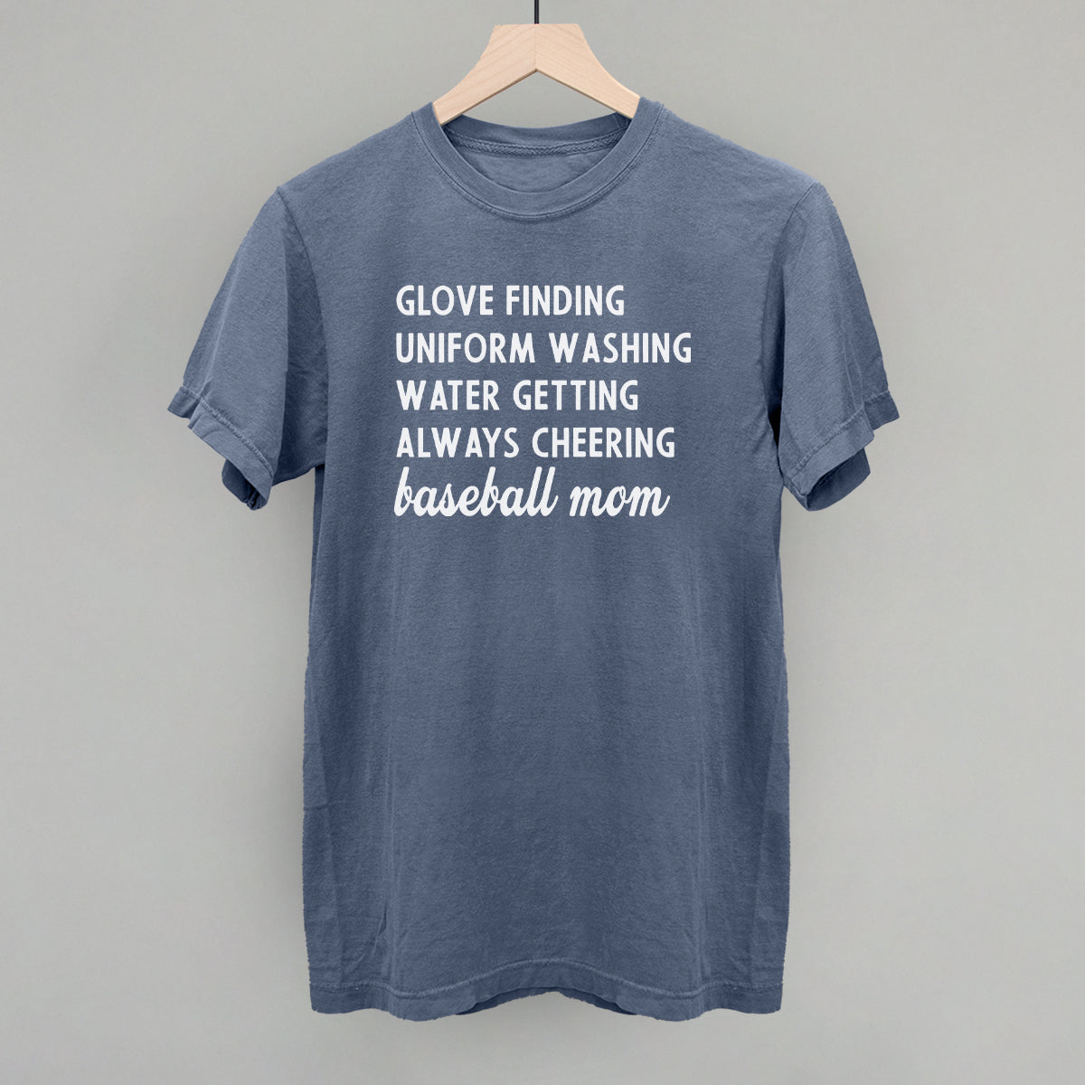 Collection of Blue comfort color t-shirt with white text on a gray background in a gallery layout