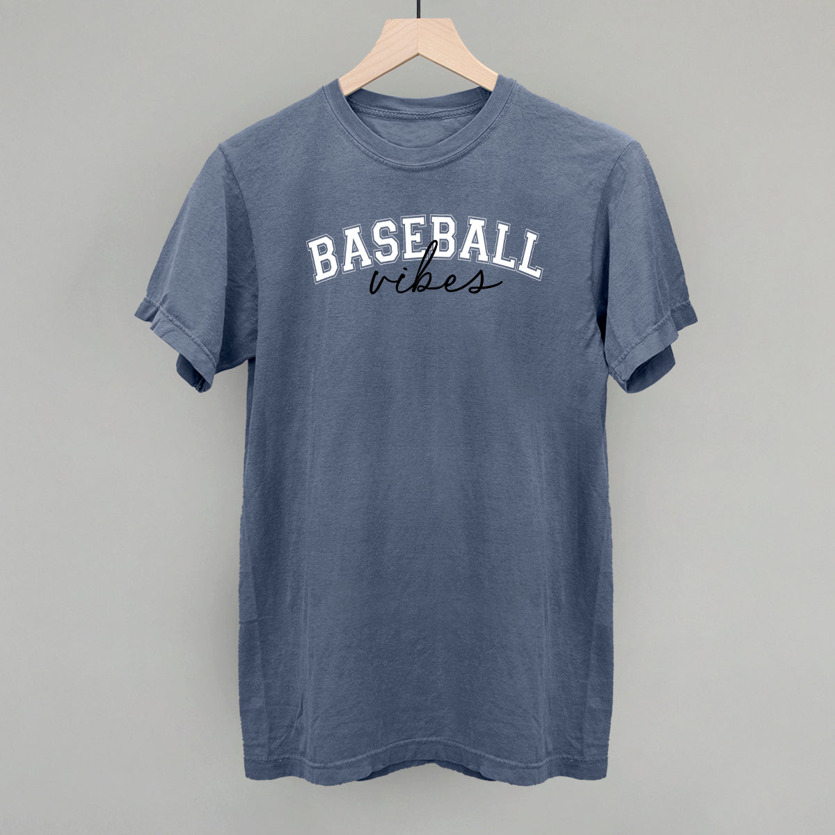 Collection of Blue t-shirt with 'BASEBALL vibes' text on a gray background in a gallery layout
