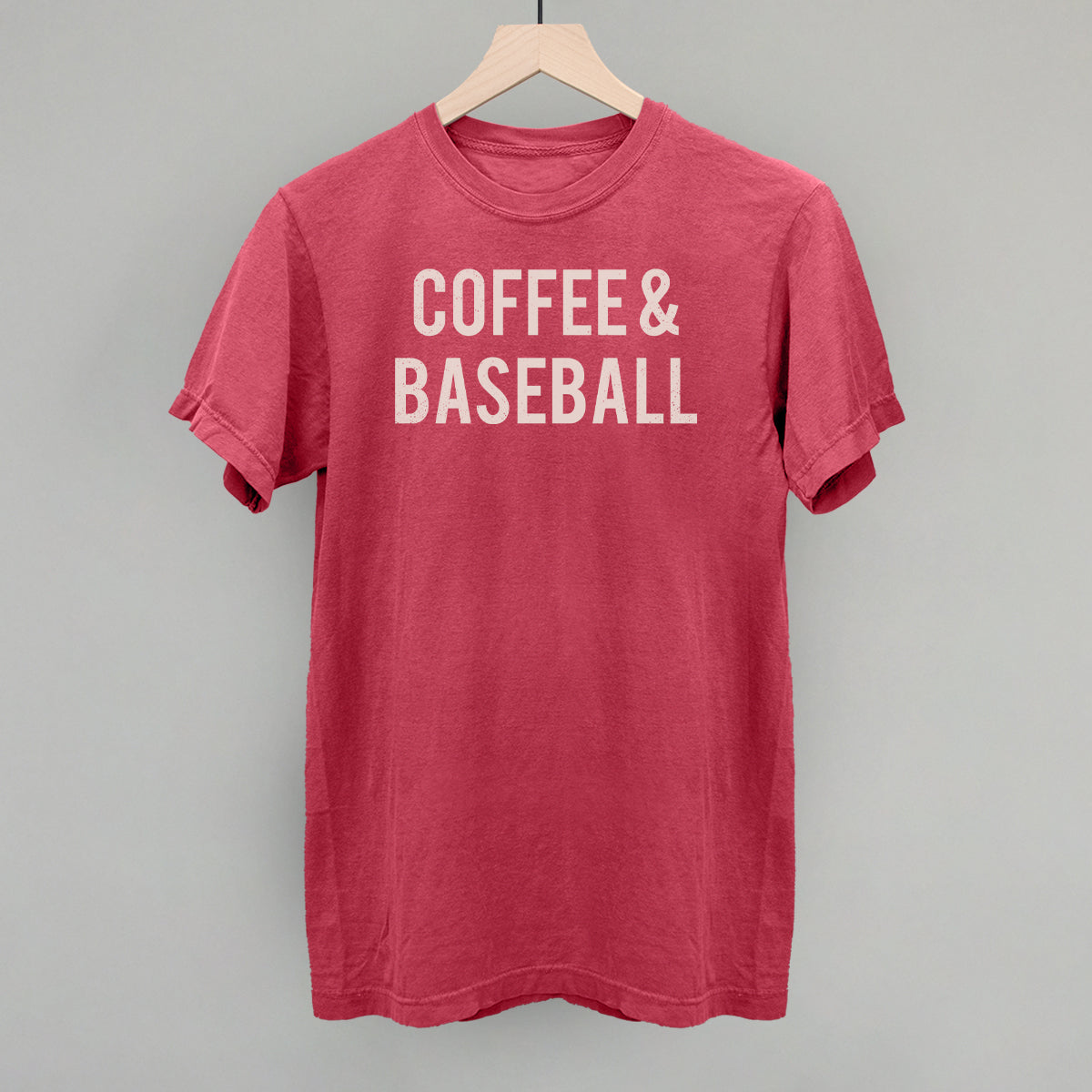 Collection of Red comfort colors t-shirt with 'COFFEE & BASEBALL' text on a gray background in a gallery layout