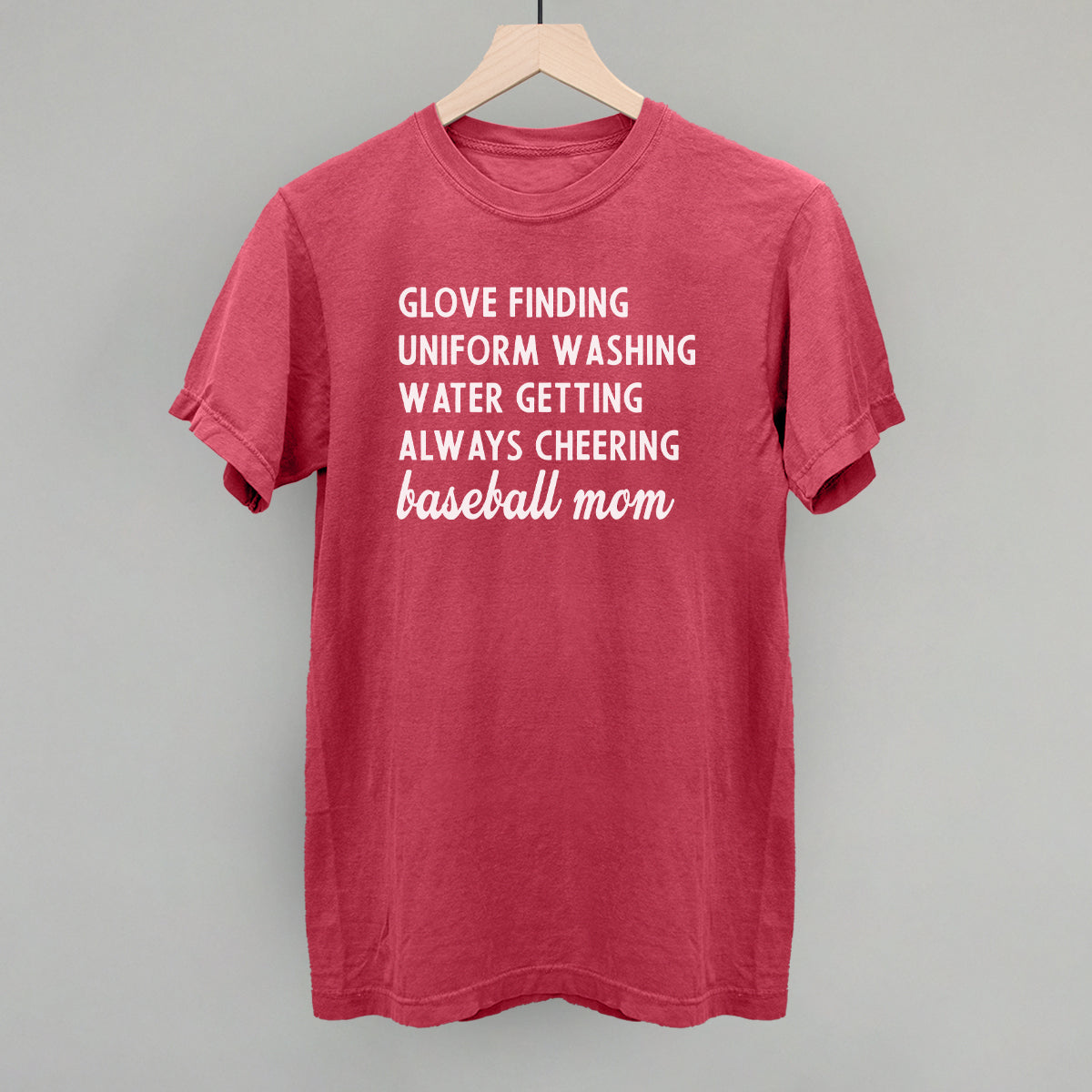 Red comfort color t-shirt with white text on a gray background